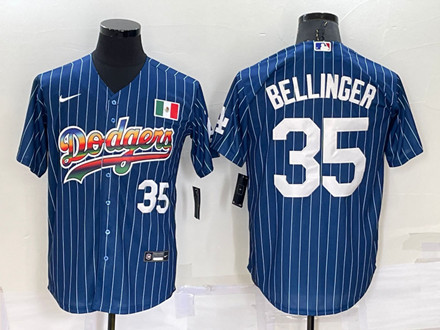 Men's Los Angeles Dodgers #35 Cody Bellinger Navy Mexico Rainbow Cool Base Stitched Baseball Jersey